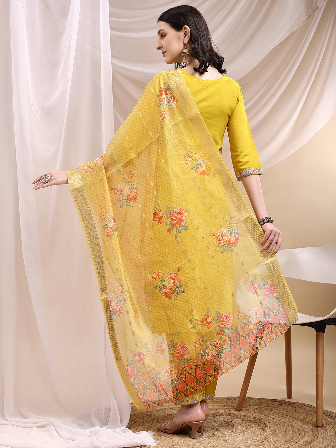 Sequined Embroidered Kurta With Pant & Printed Dupatta, Yellow - Hiral Fashion - Distacart