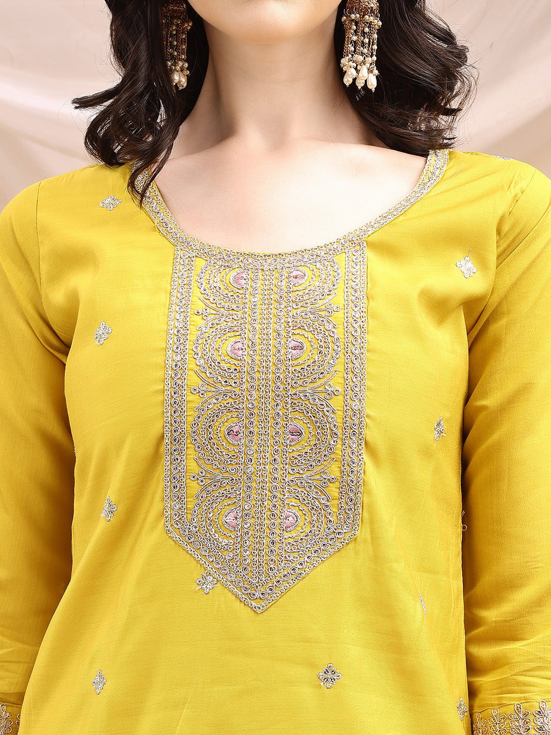 Sequined Embroidered Kurta With Pant & Printed Dupatta, Yellow - Hiral Fashion - Distacart