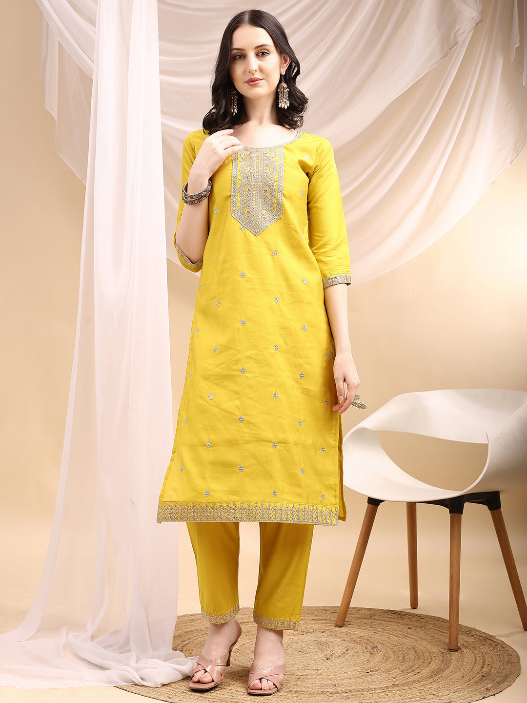 Sequined Embroidered Kurta With Pant & Printed Dupatta, Yellow - Hiral Fashion - Distacart