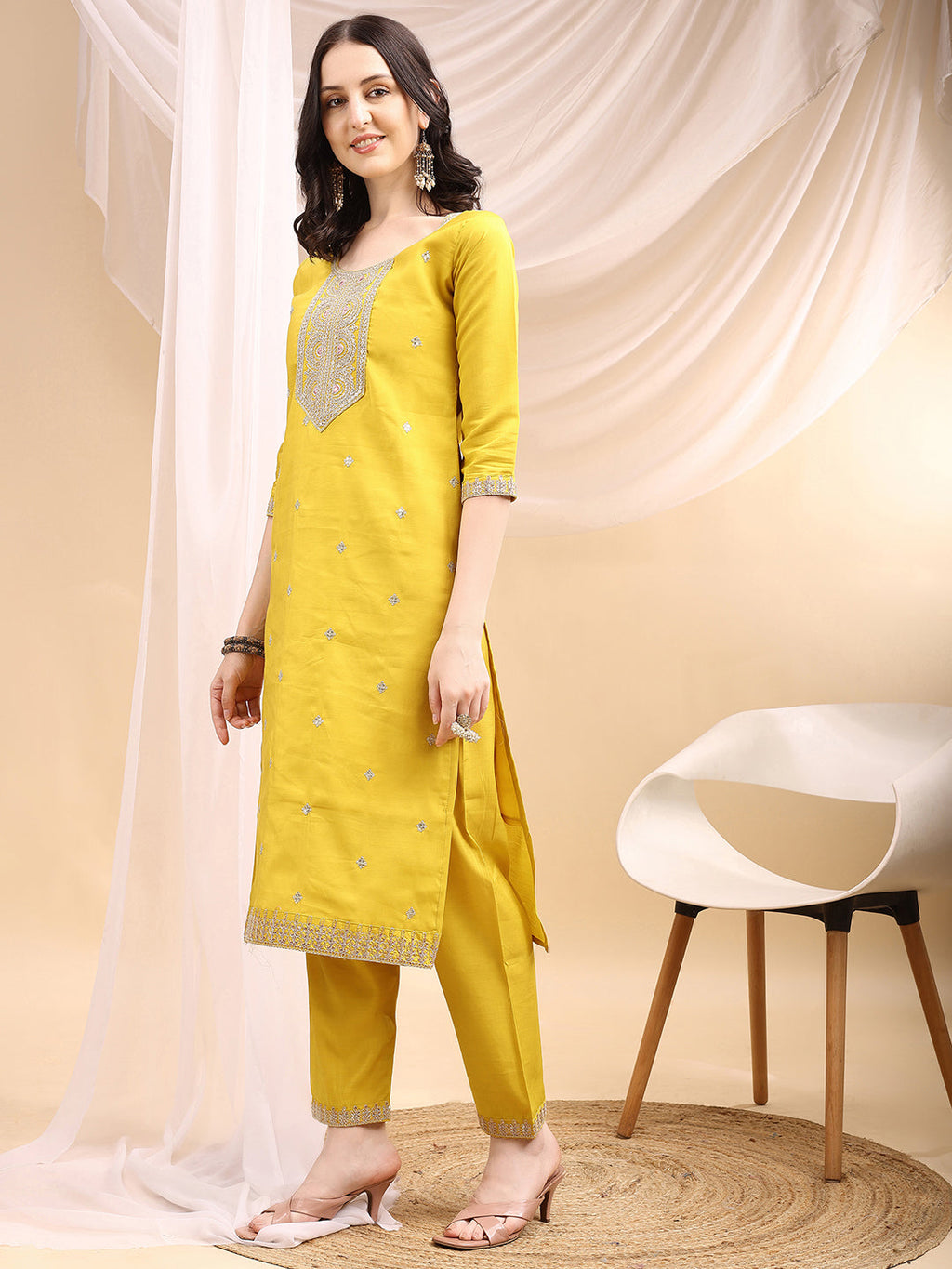 Sequined Embroidered Kurta With Pant & Printed Dupatta, Yellow - Hiral Fashion - Distacart