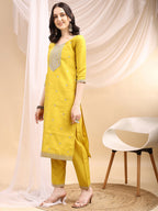 Sequined Embroidered Kurta With Pant & Printed Dupatta, Yellow - Hiral Fashion - Distacart