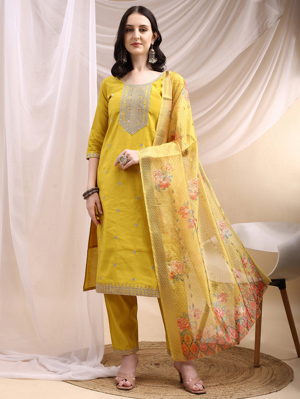 Sequined Embroidered Kurta With Pant & Printed Dupatta, Yellow - Hiral Fashion - Distacart