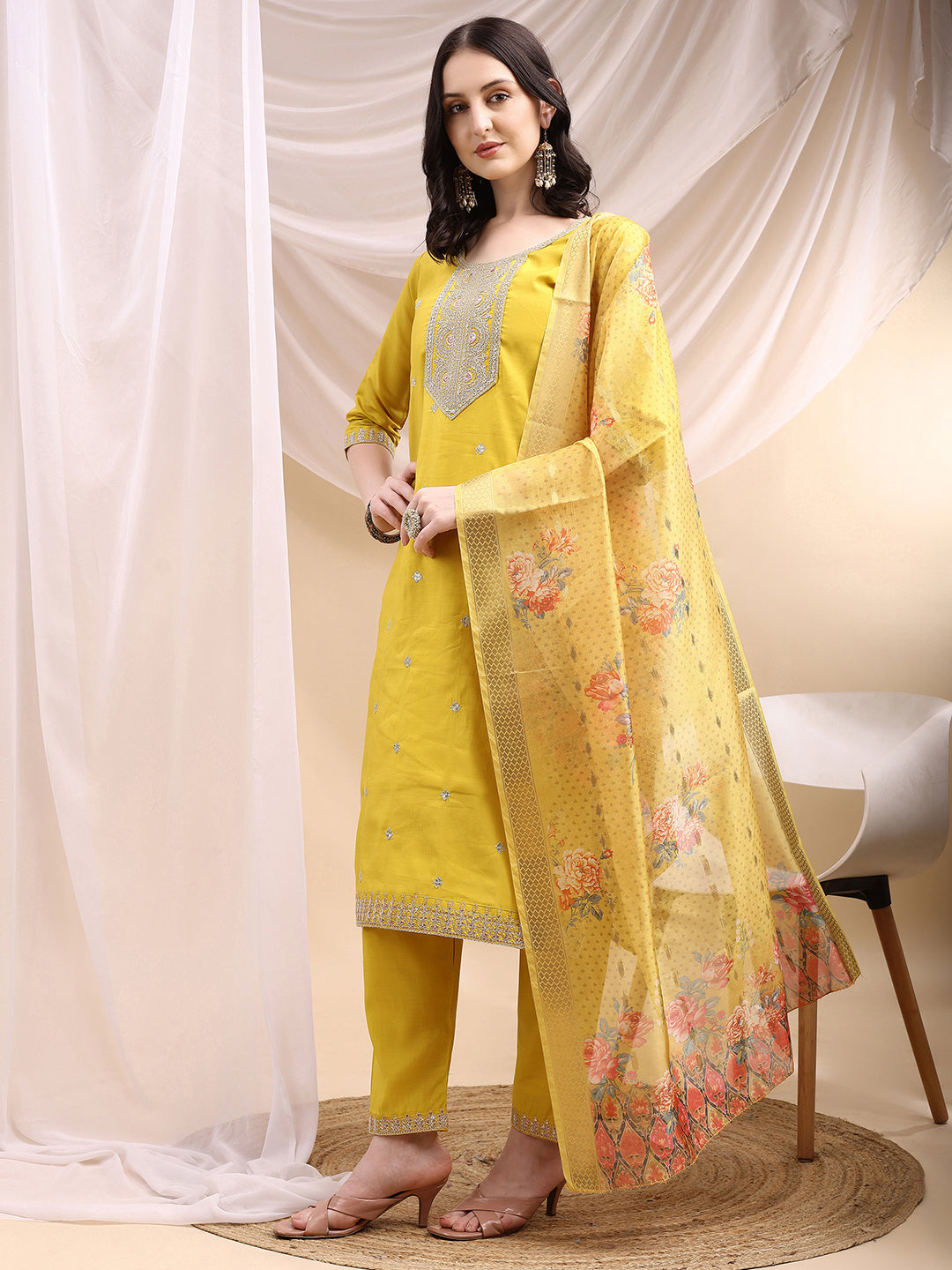 Sequined Embroidered Kurta With Pant & Printed Dupatta, Yellow - Hiral Fashion - Distacart