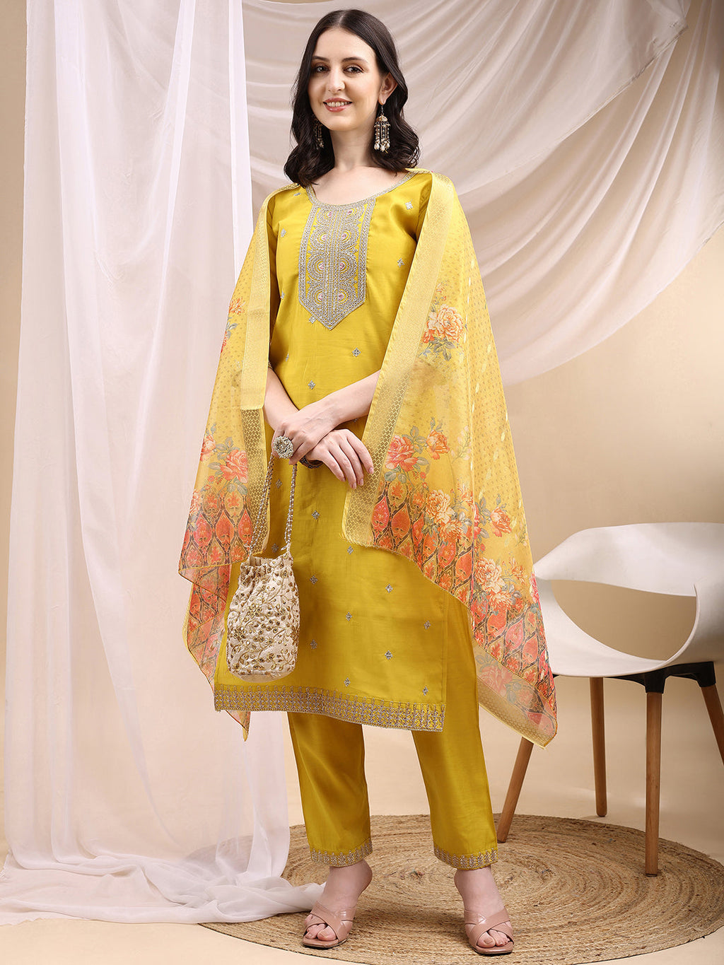 Sequined Embroidered Kurta With Pant & Printed Dupatta, Yellow - Hiral Fashion - Distacart