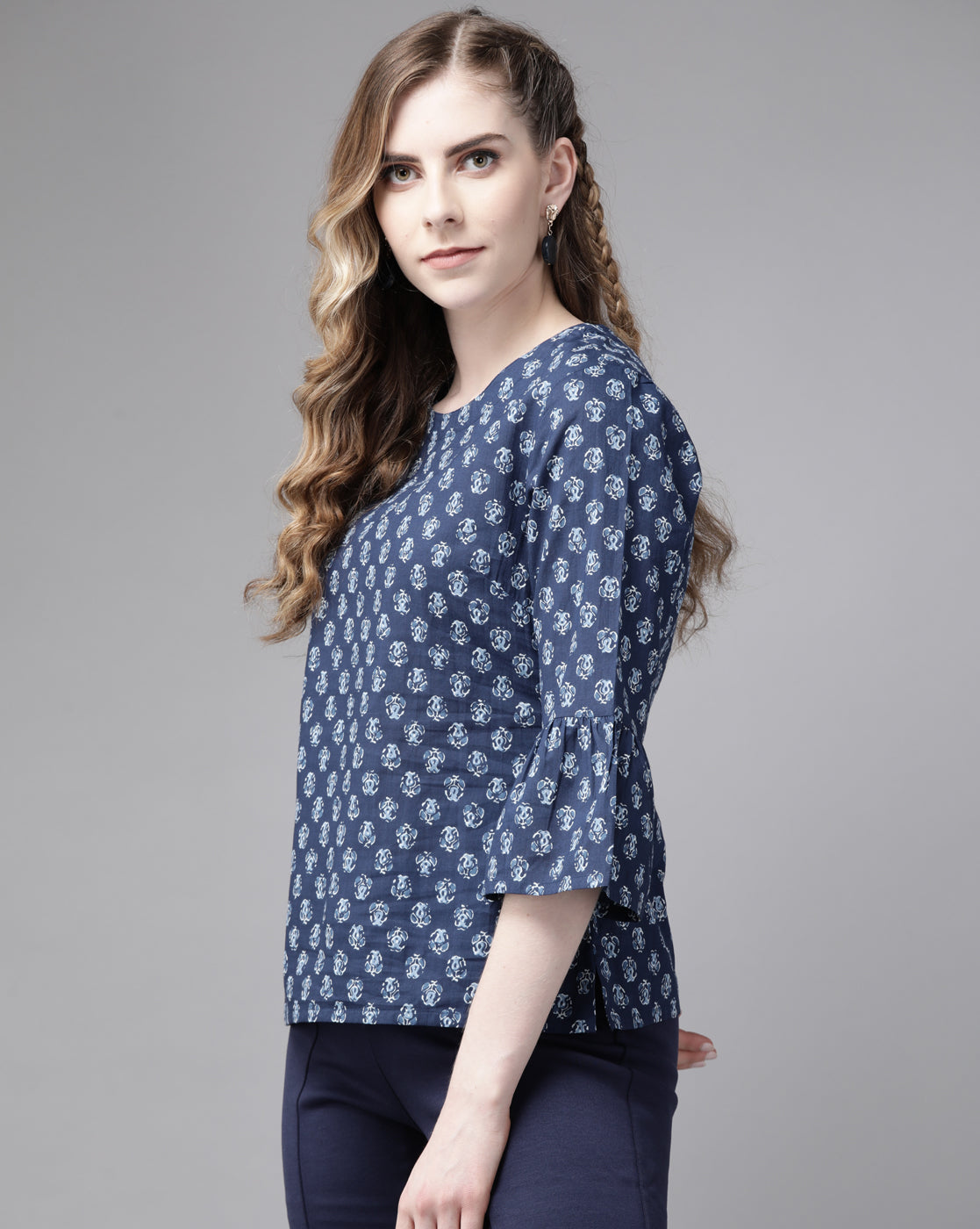Indo Era Blue Floral Printed Straight Kurti - Distacart