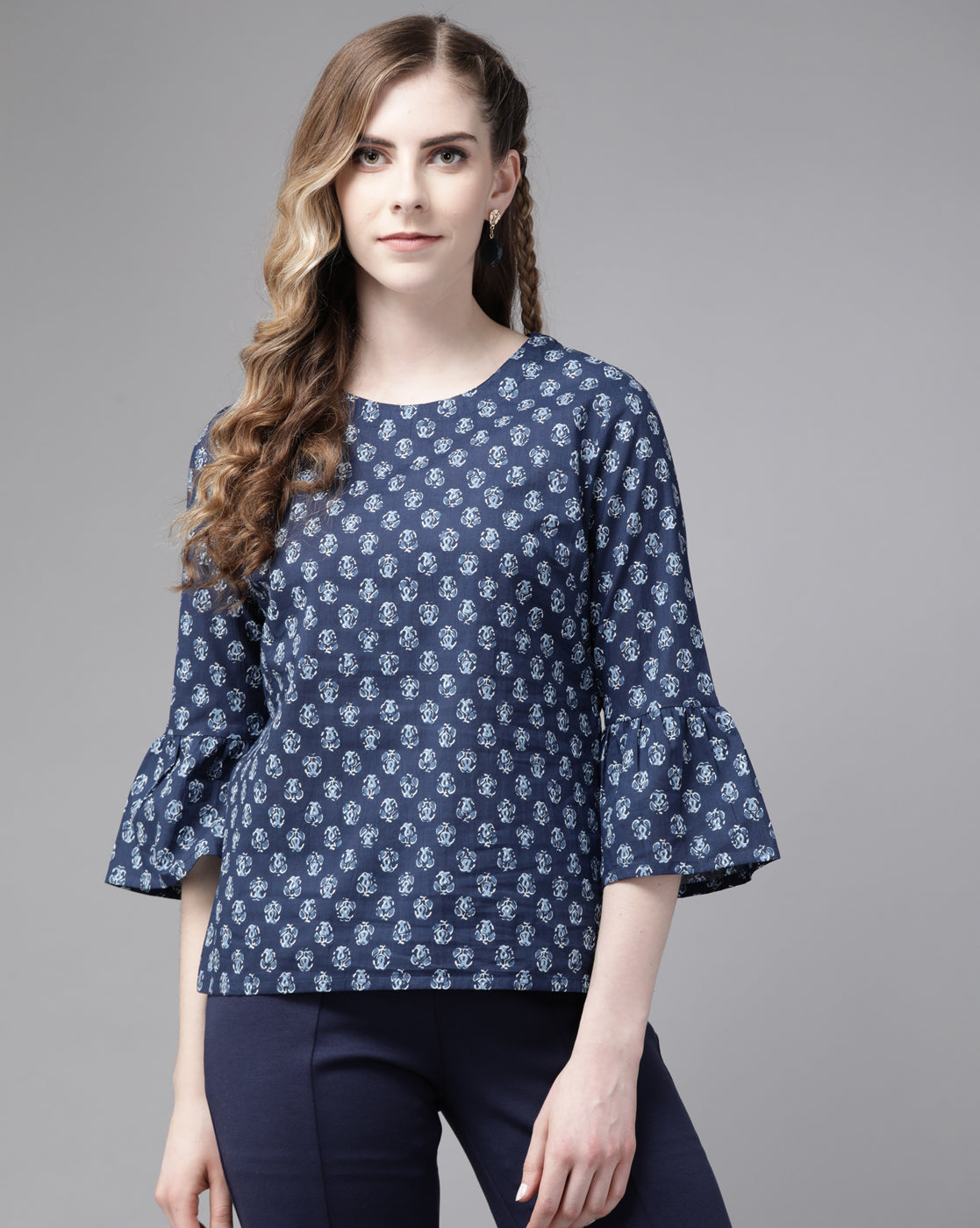 Indo Era Blue Floral Printed Straight Kurti - Distacart