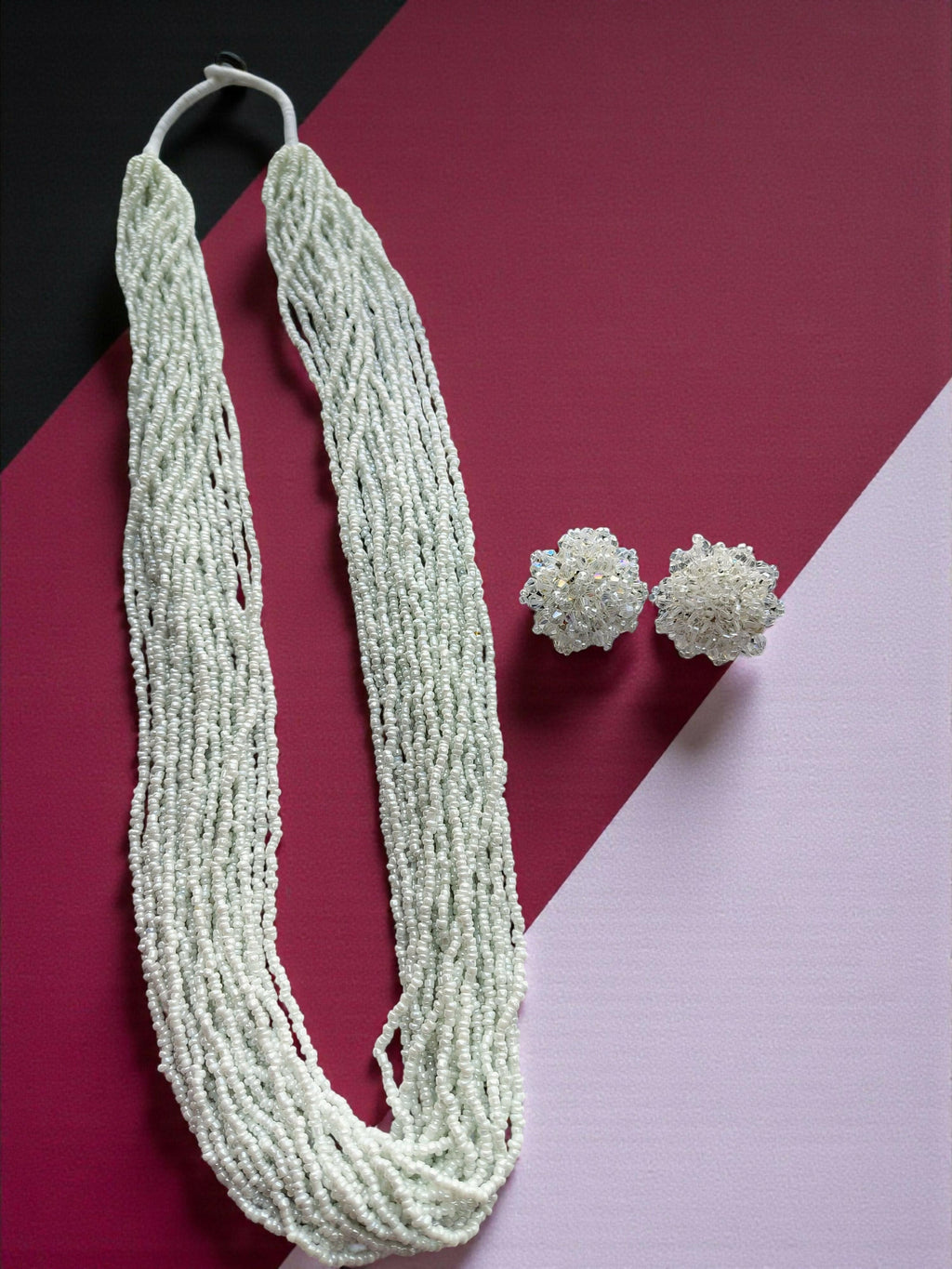Inhanns Rangsaaz 20-Layer Luxe Long Beaded Necklace (With Optional Statement Earrings) - White With Earring Long