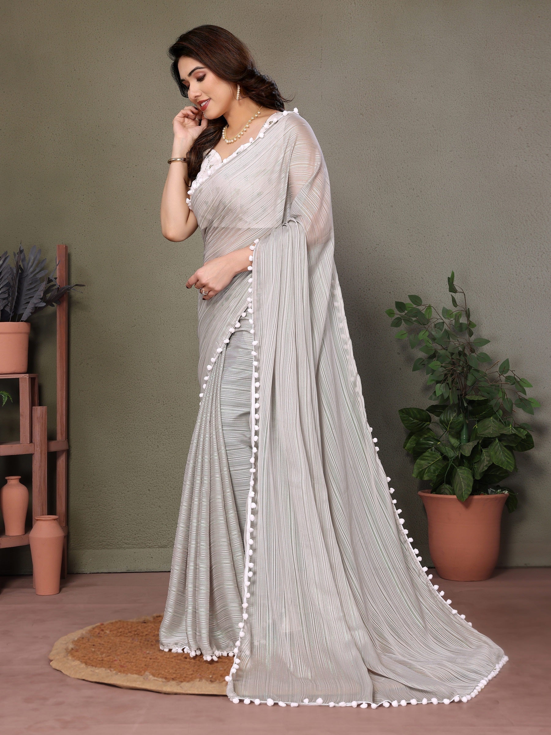 Vedant Vastram Poly Silk Embroidery Work Fancy Saree - Grey