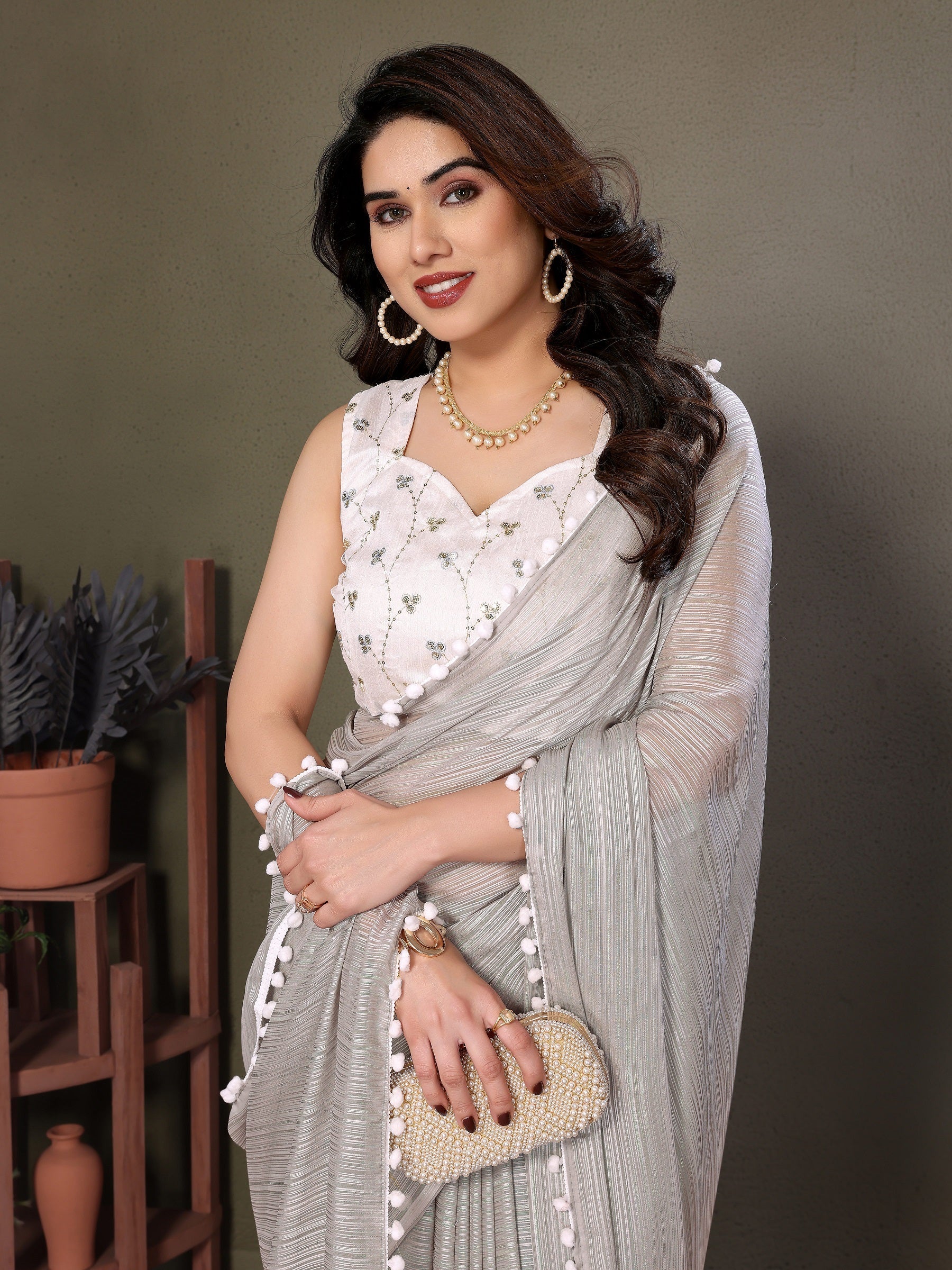 Vedant Vastram Poly Silk Embroidery Work Fancy Saree - Grey