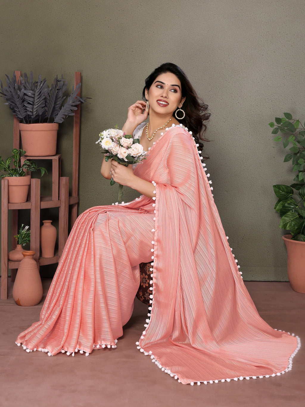 Vedant Vastram Poly Silk Embroidery Work Fancy Saree - Peach