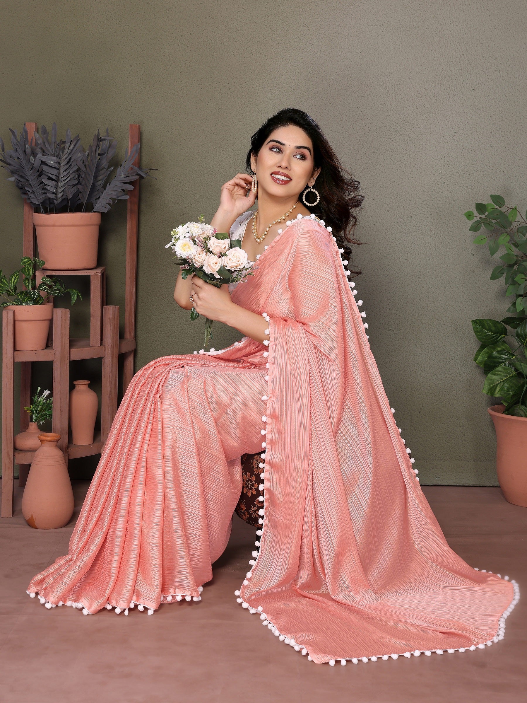 Vedant Vastram Poly Silk Embroidery Work Fancy Saree - Peach