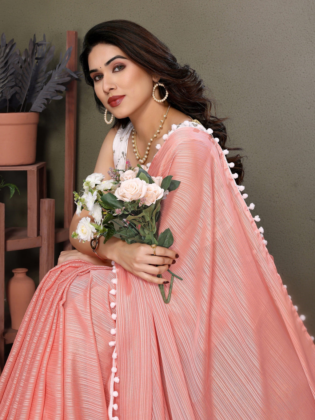 Vedant Vastram Poly Silk Embroidery Work Fancy Saree - Peach
