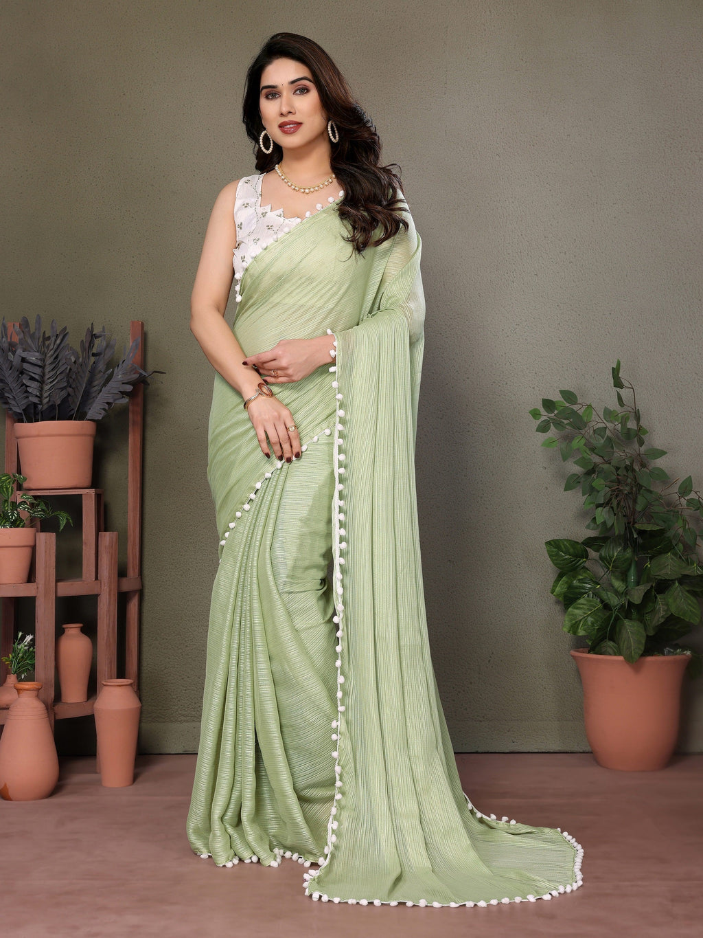 Vedant Vastram Poly Silk Embroidery Work Fancy Saree - Pista
