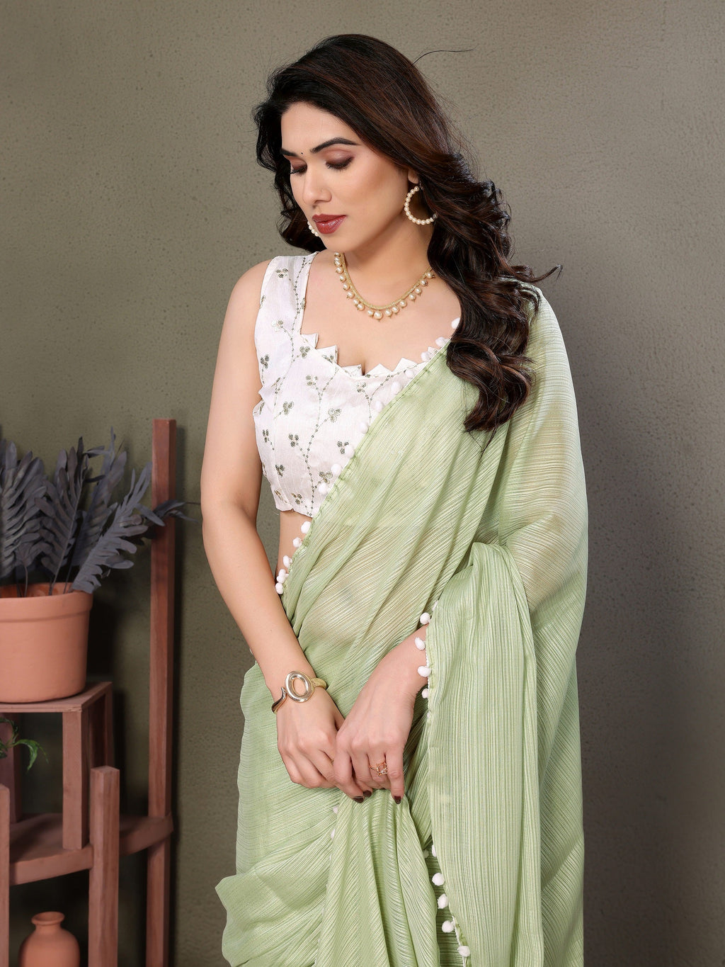 Vedant Vastram Poly Silk Embroidery Work Fancy Saree - Pista