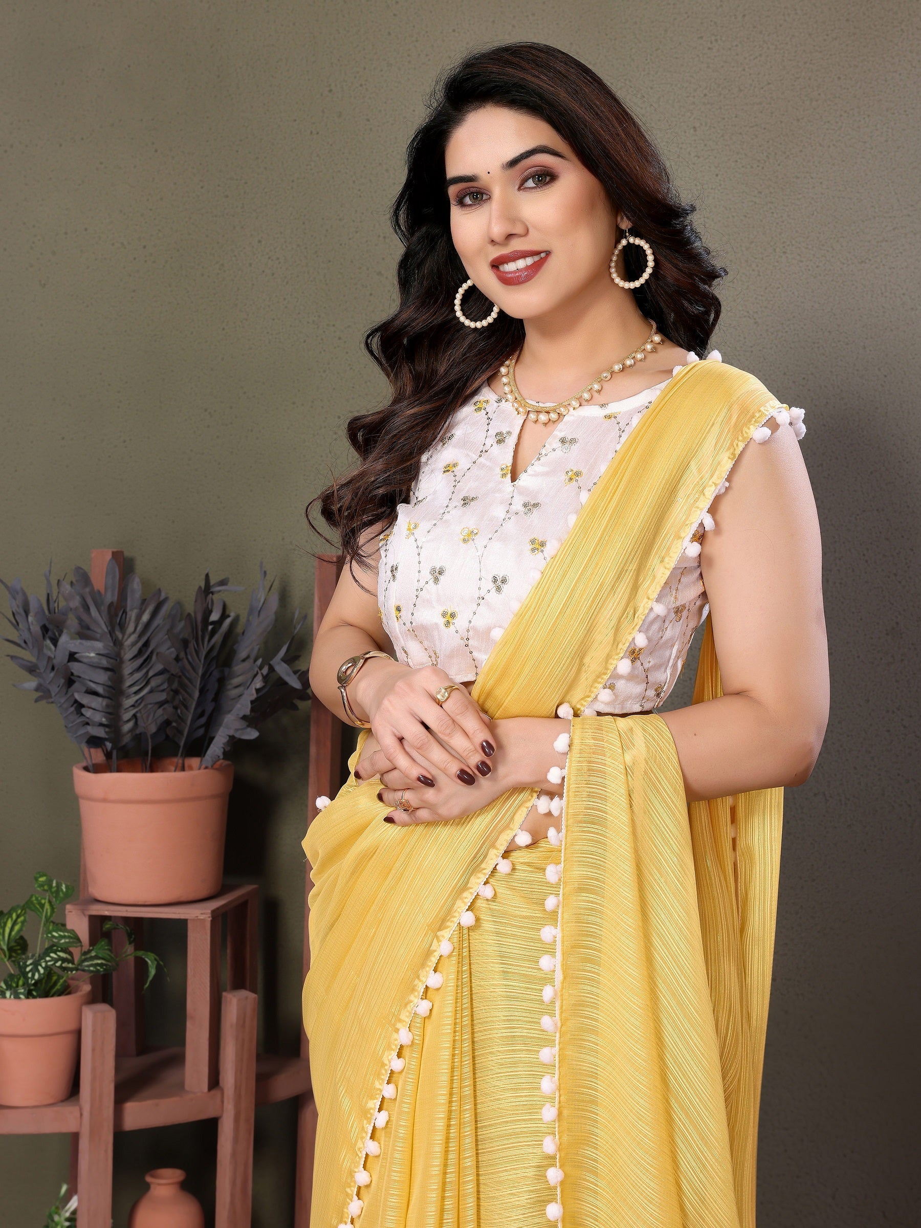 Vedant Vastram Poly Silk Embroidery Work Fancy Saree - Yellow