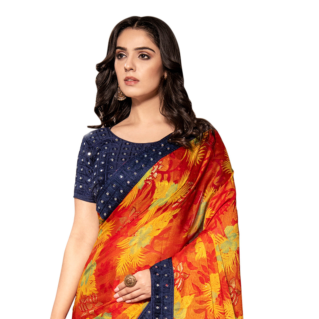 Vamika Multi Color Designer Chiffon Brasso Saree With Mirror Work Lace