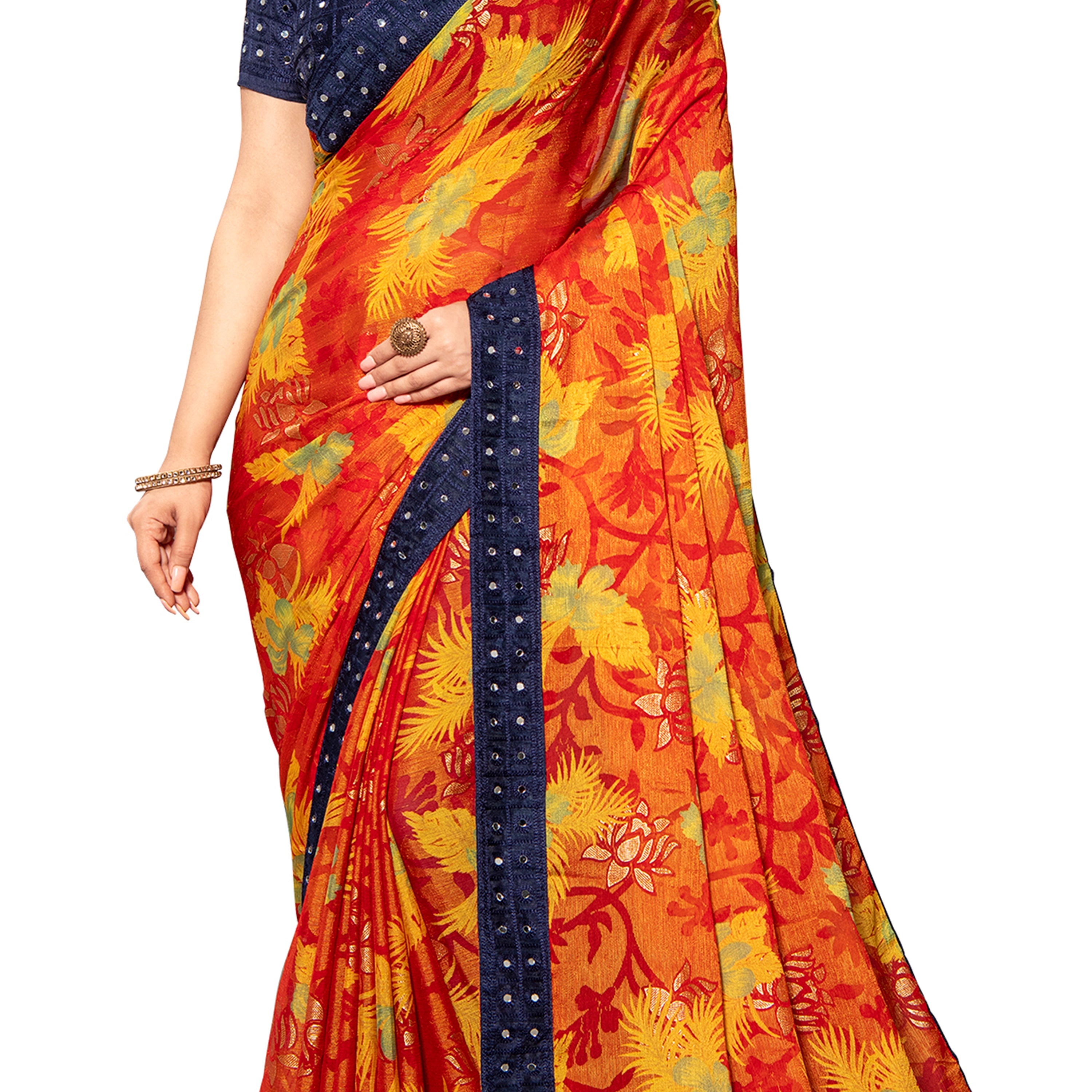 Vamika Multi Color Designer Chiffon Brasso Saree With Mirror Work Lace