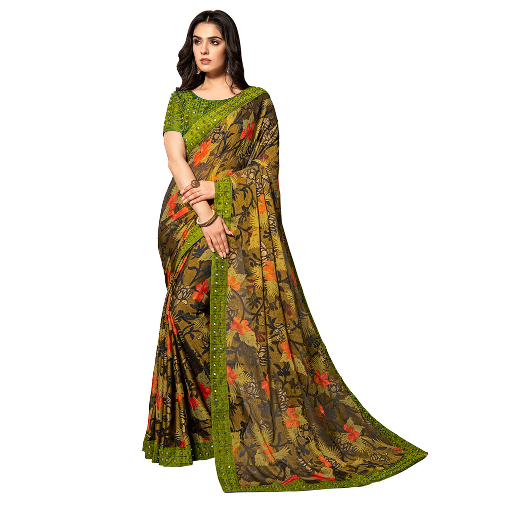 Vamika Multi Color Designer Chiffon Brasso Saree With Mirror Work Lace
