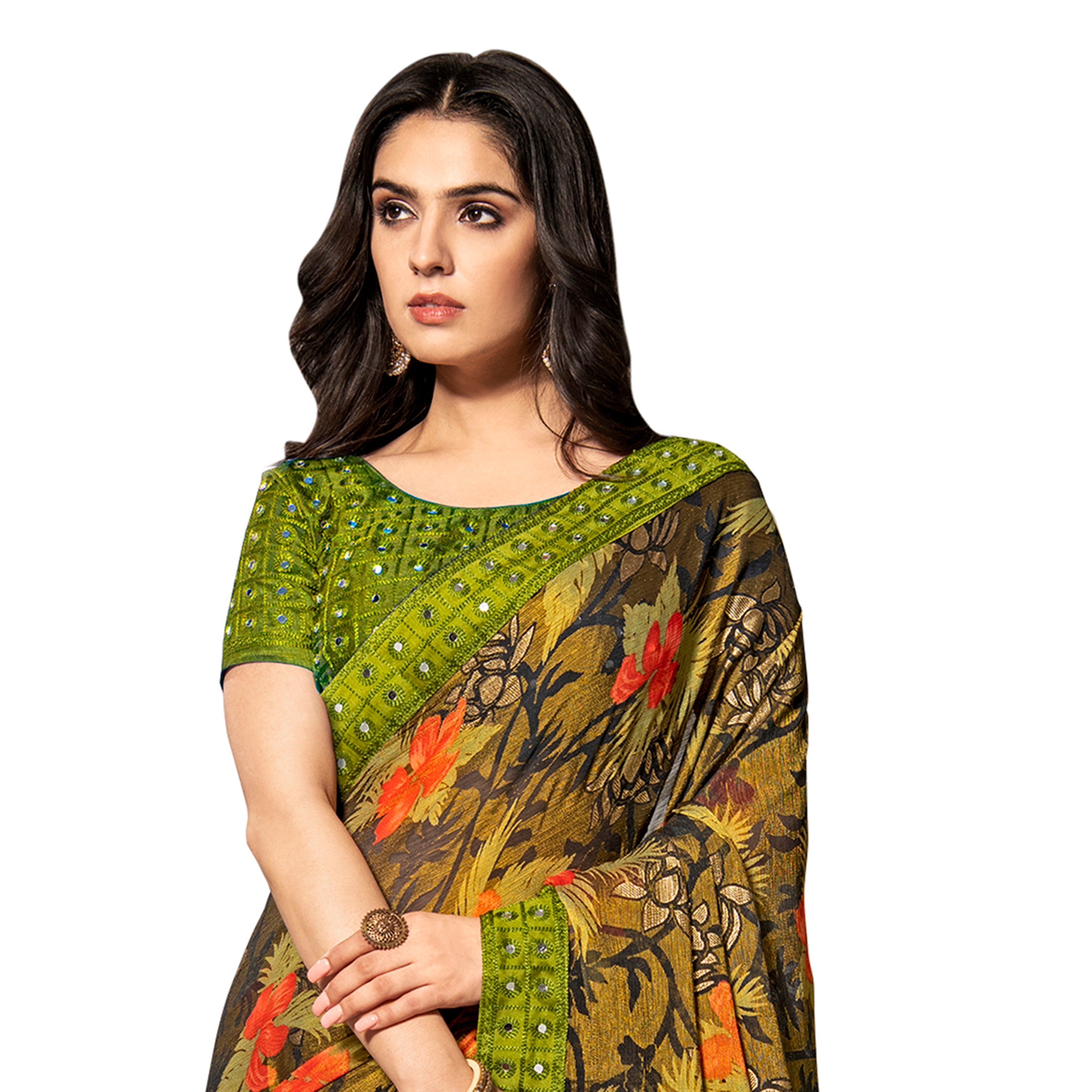 Vamika Multi Color Designer Chiffon Brasso Saree With Mirror Work Lace