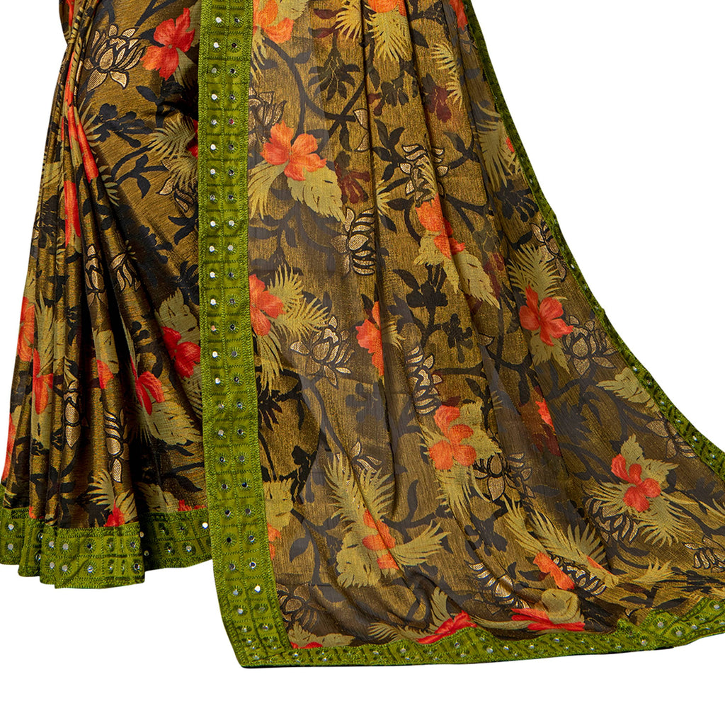 Vamika Multi Color Designer Chiffon Brasso Saree With Mirror Work Lace