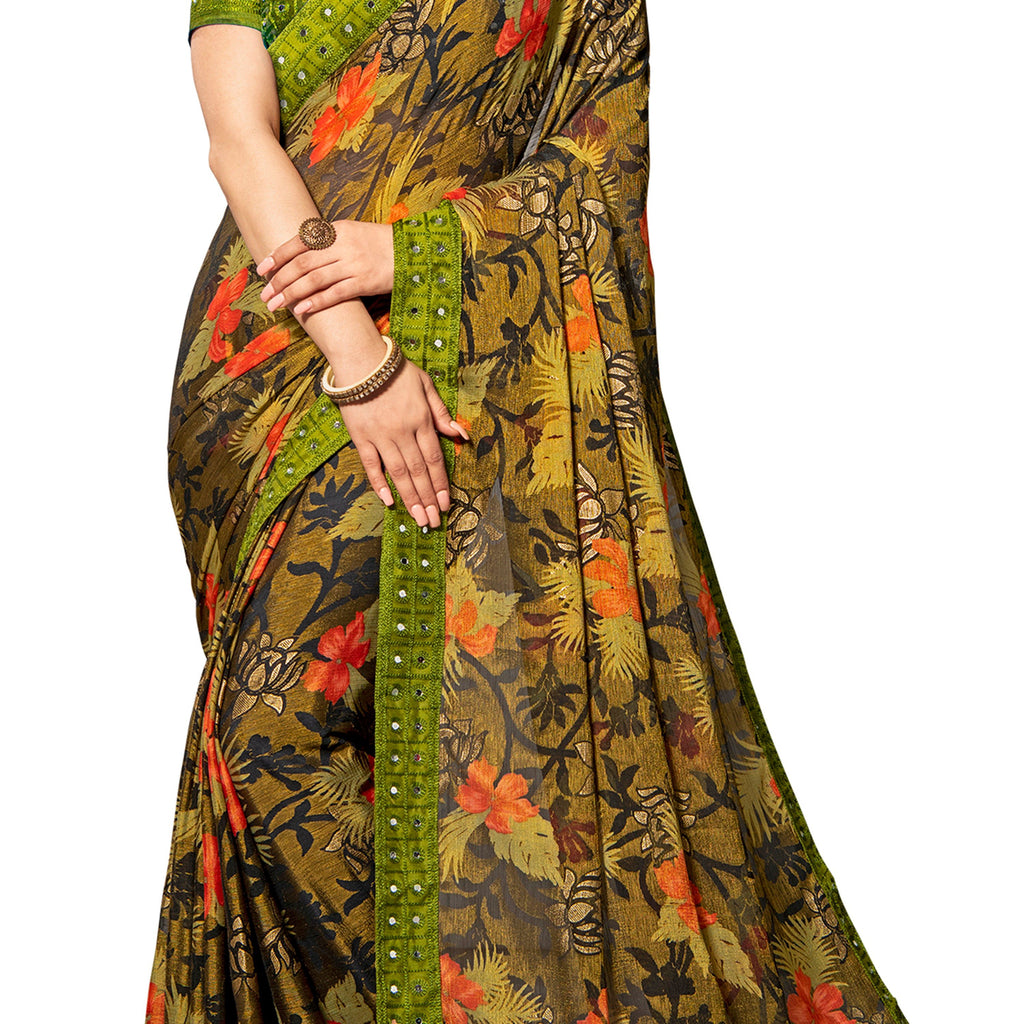 Vamika Multi Color Designer Chiffon Brasso Saree With Mirror Work Lace