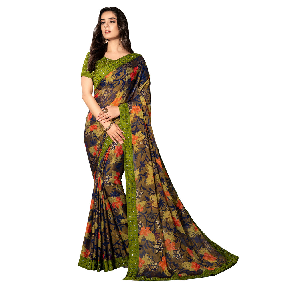 Vamika Multi Color Designer Chiffon Brasso Saree With Mirror Work Lace