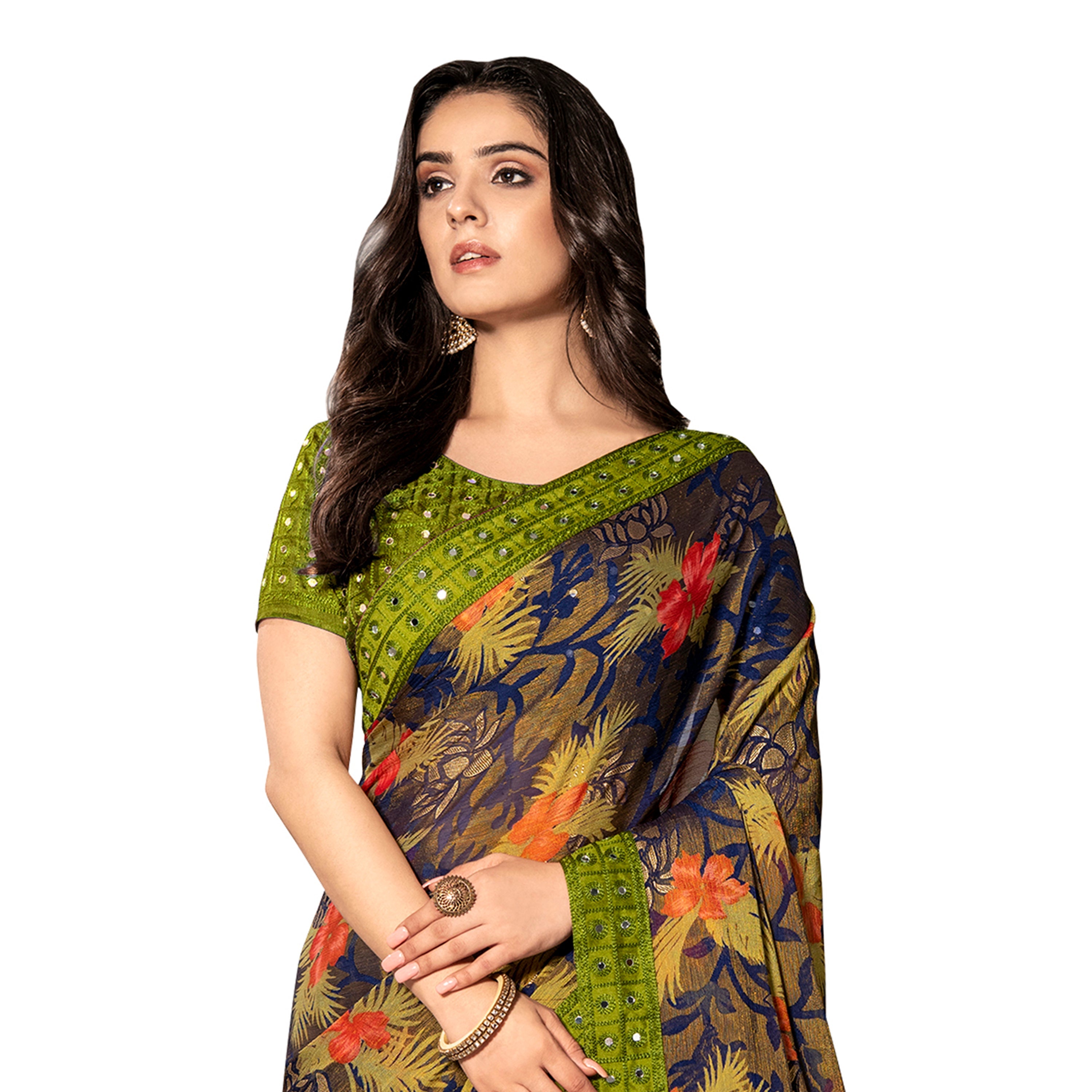 Vamika Multi Color Designer Chiffon Brasso Saree With Mirror Work Lace