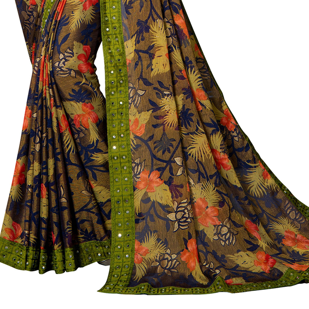 Vamika Multi Color Designer Chiffon Brasso Saree With Mirror Work Lace