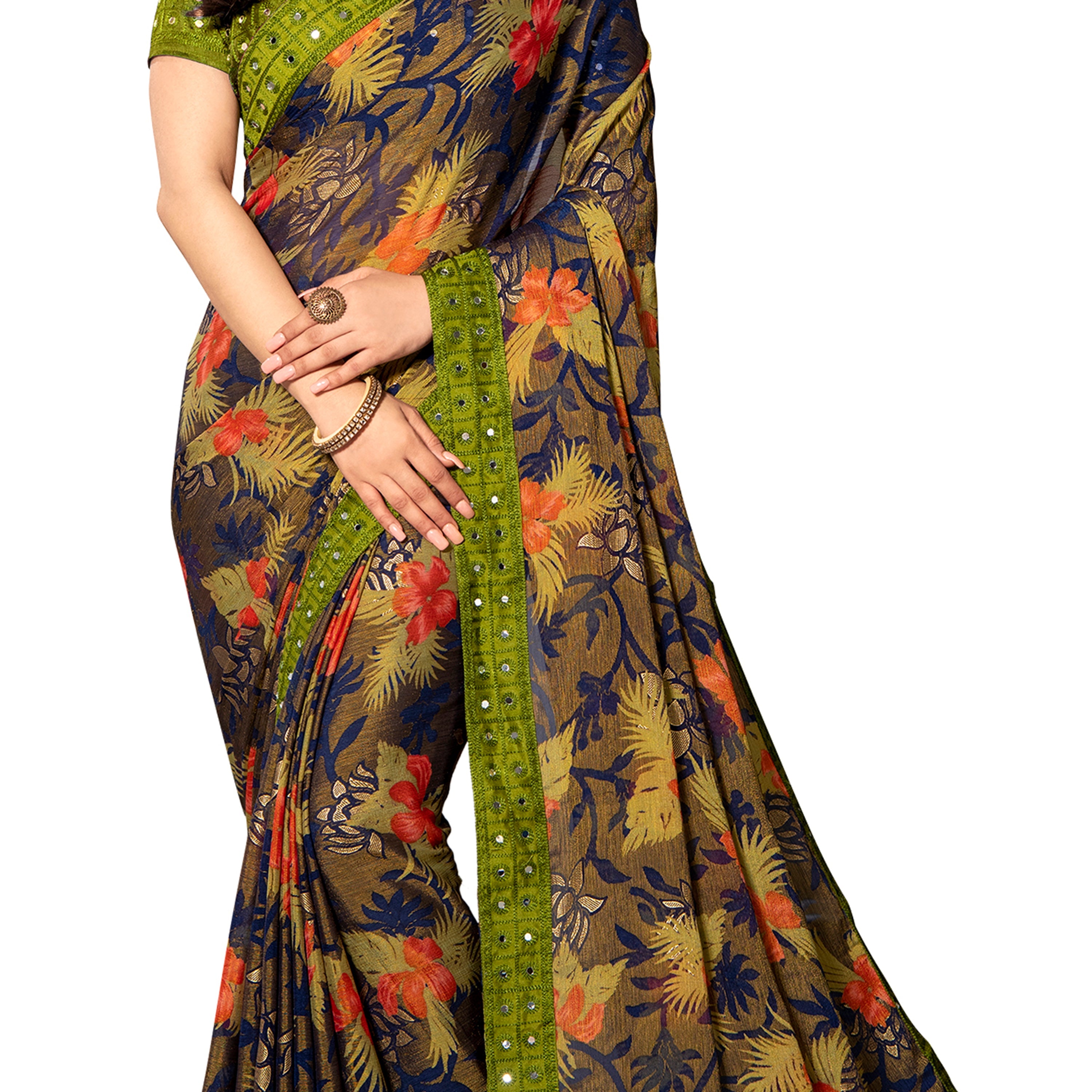 Vamika Multi Color Designer Chiffon Brasso Saree With Mirror Work Lace