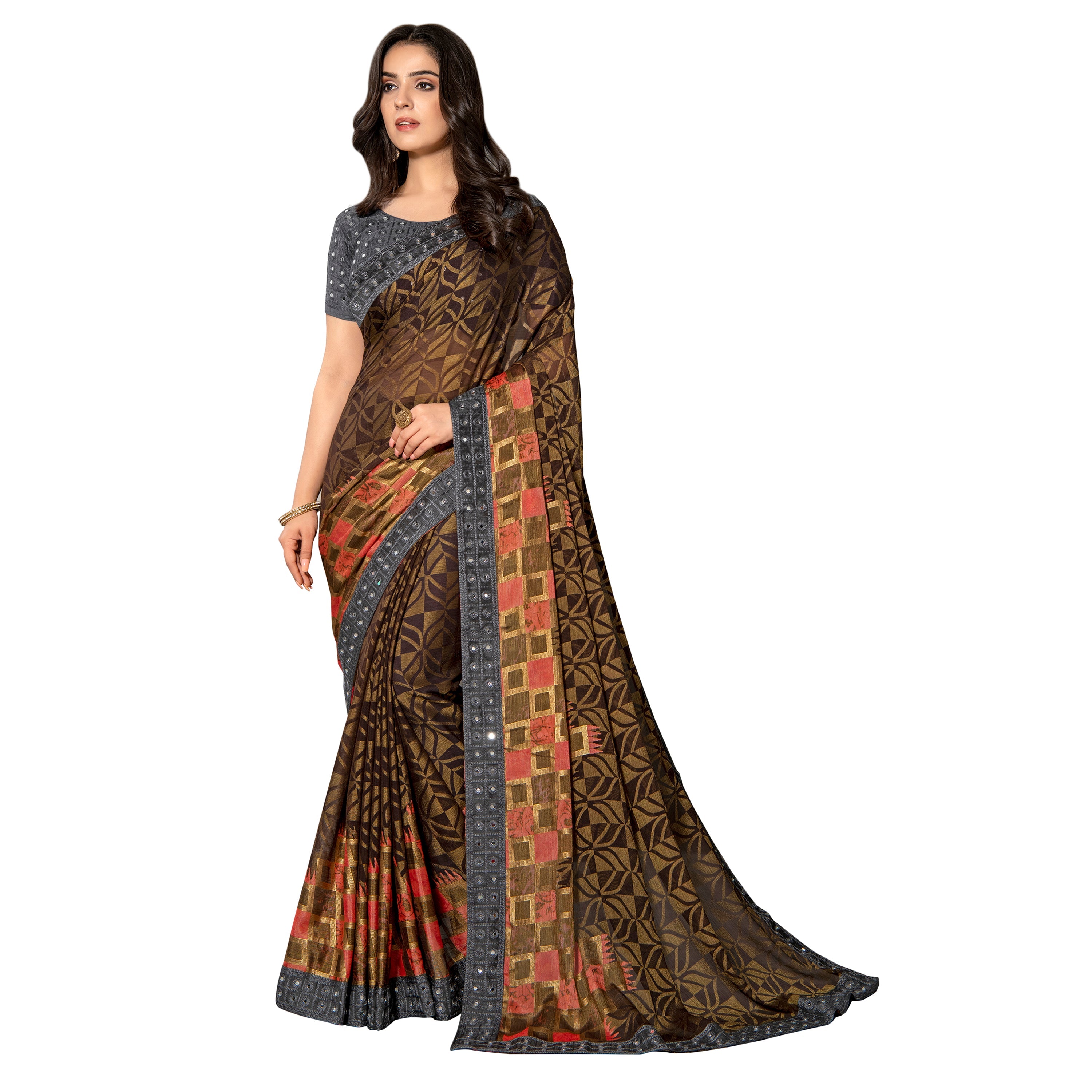 Vamika Brown Designer Chiffon Brasso Saree With Mirror Work Lace