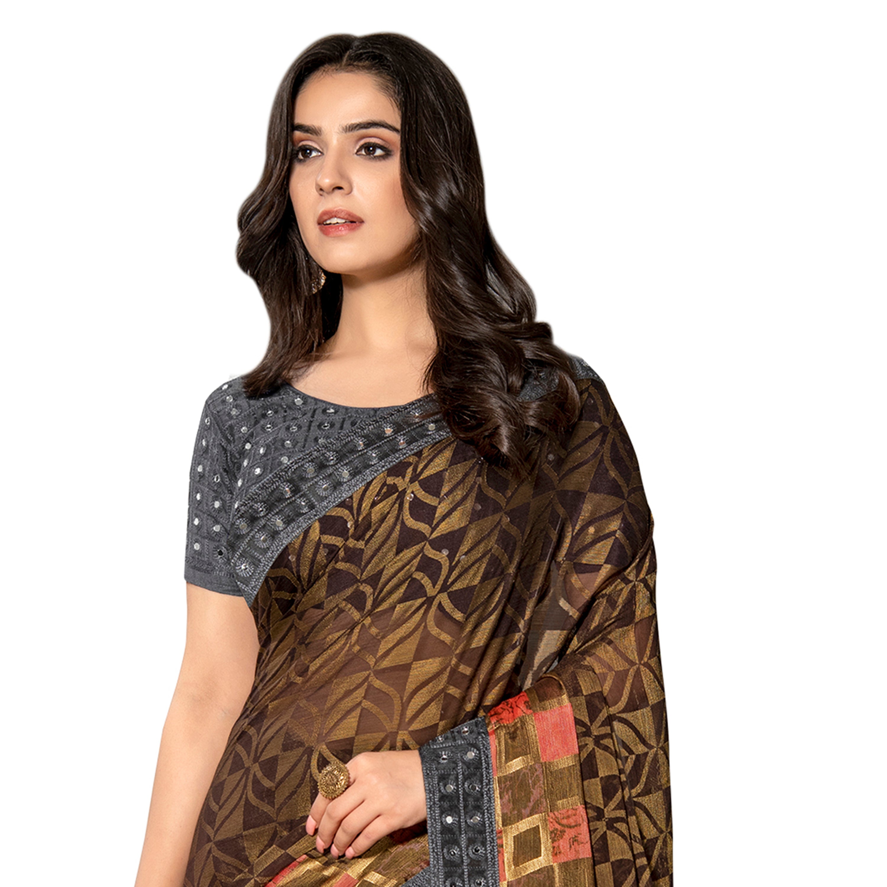 Vamika Brown Designer Chiffon Brasso Saree With Mirror Work Lace