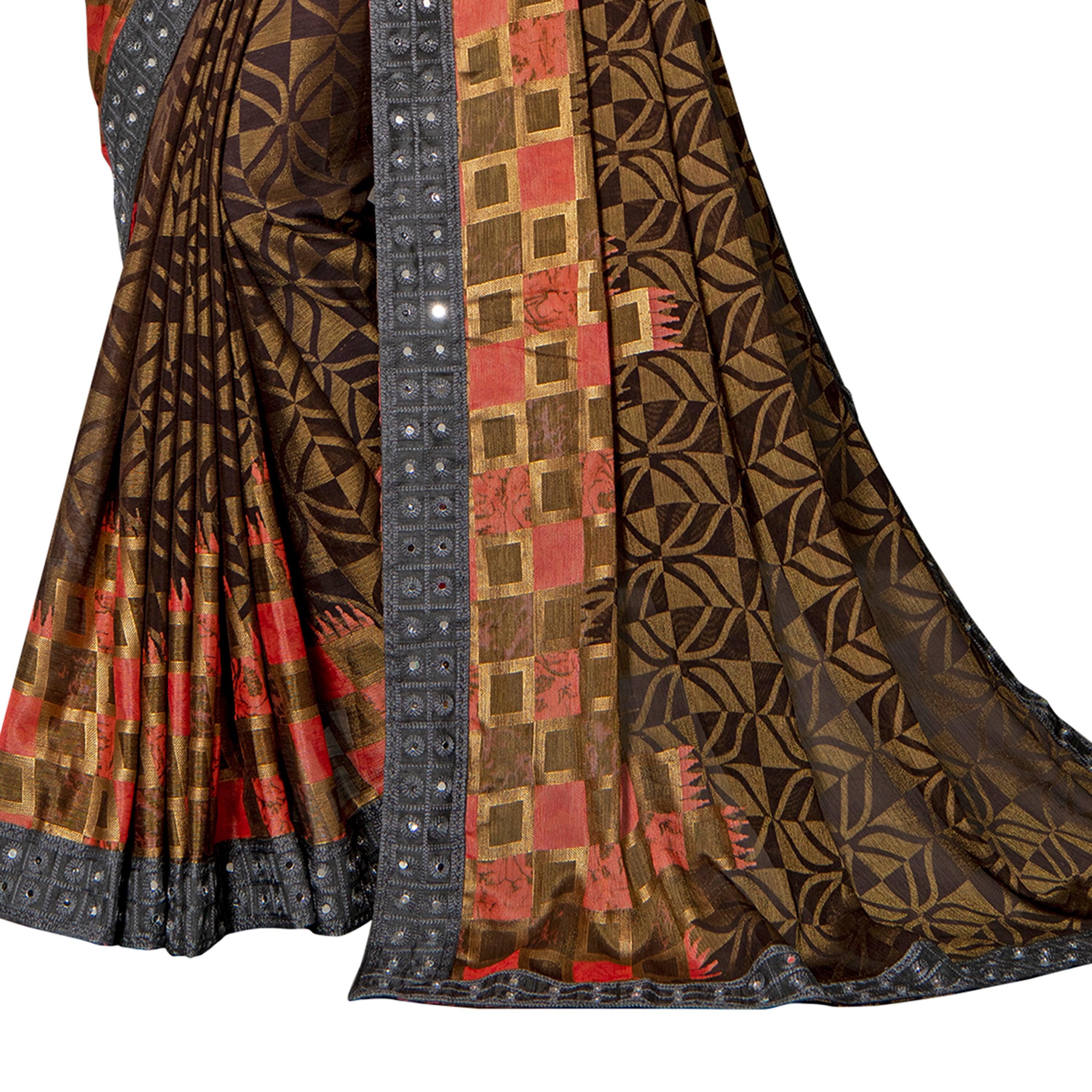 Vamika Brown Designer Chiffon Brasso Saree With Mirror Work Lace