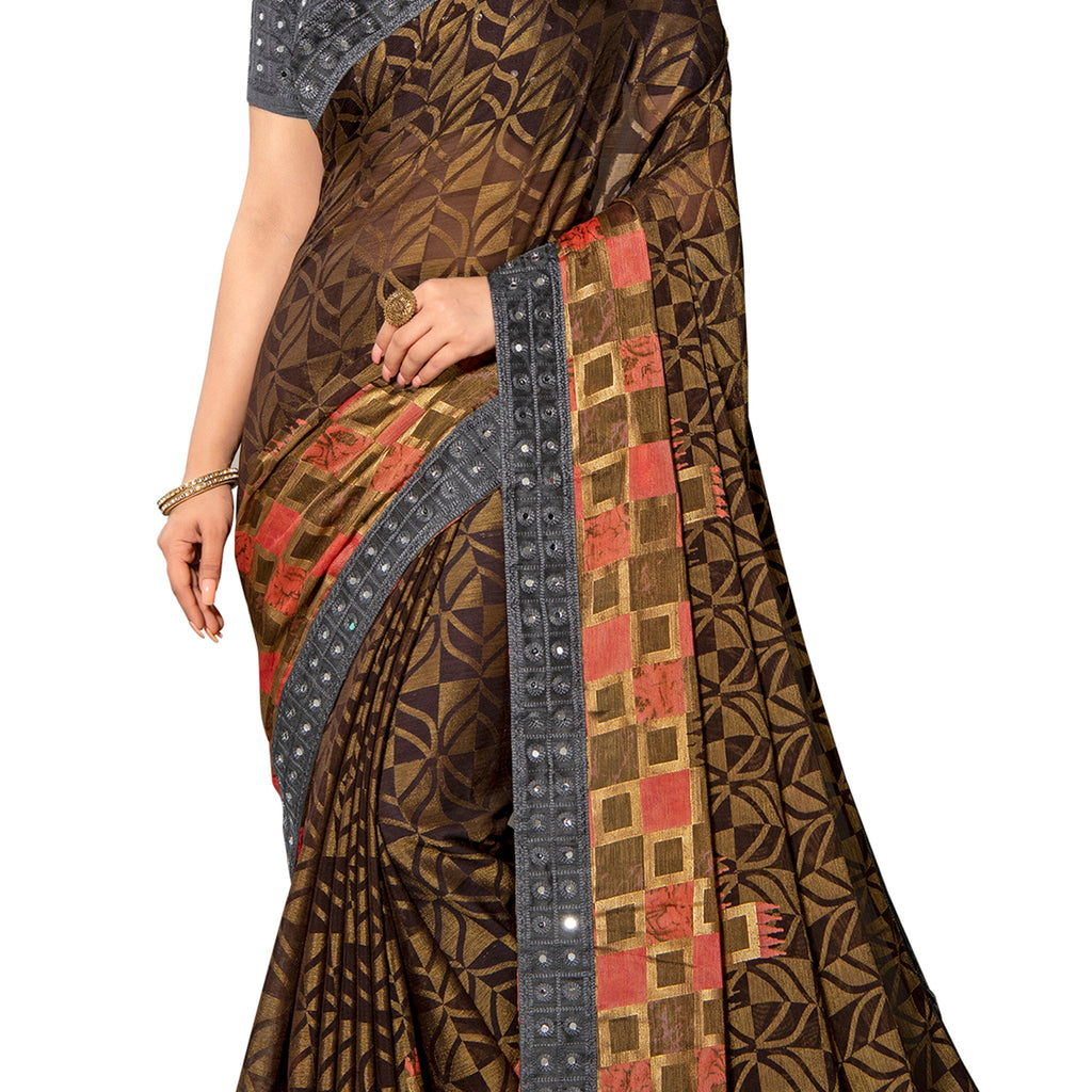 Vamika Brown Designer Chiffon Brasso Saree With Mirror Work Lace