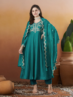The52 Rama Women's Beautiful Vichitra Silk Fabric Embroidered Work Flared Anarkali Pant and Dupatta Set - Distacart