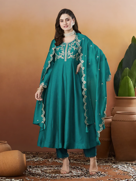 The52 Rama Women's Beautiful Vichitra Silk Fabric Embroidered Work Flared Anarkali Pant and Dupatta Set