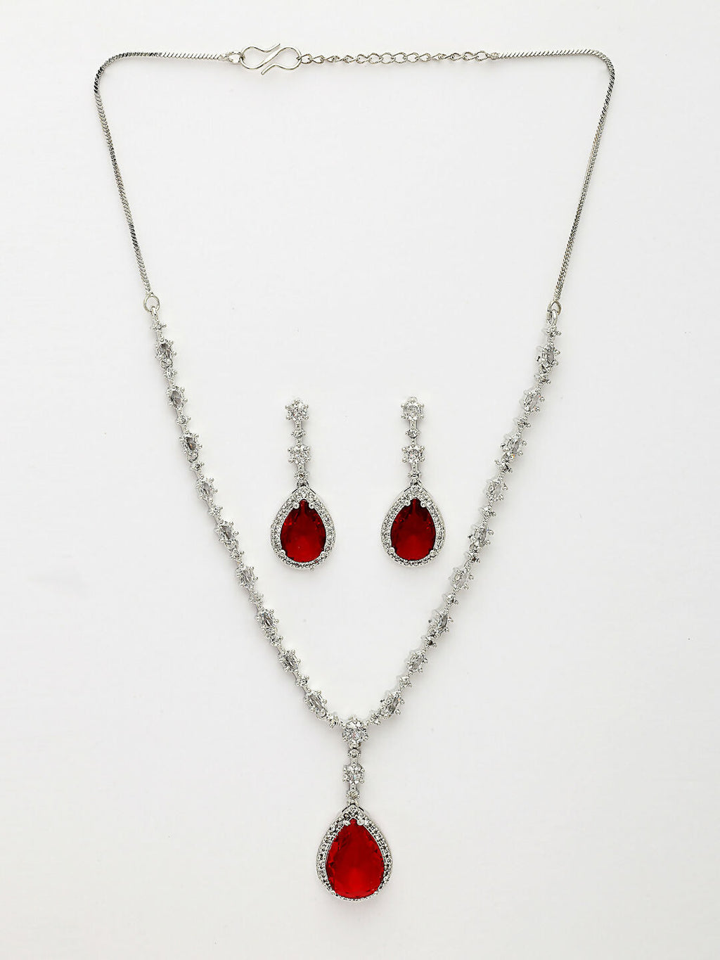 NVR Women's Silver-Plated Red American Diamond-Studded Handcrafted Jewellery Set
