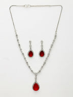 NVR Women's Silver-Plated Red American Diamond-Studded Handcrafted Jewellery Set