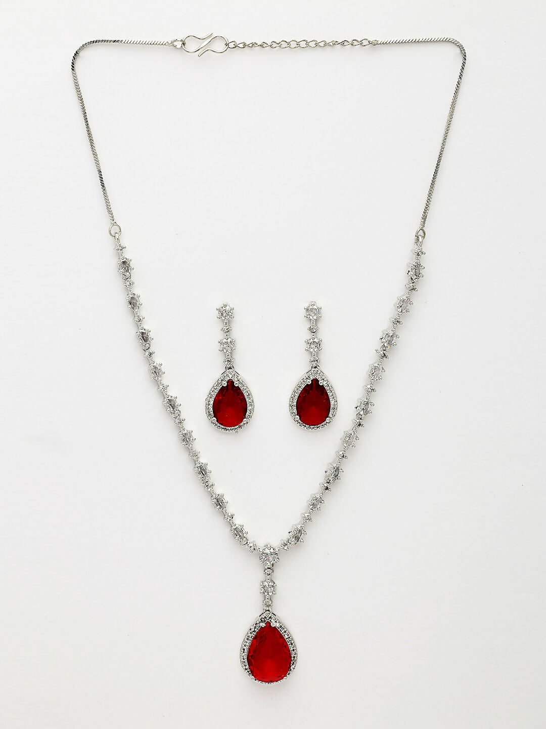 NVR Women's Silver-Plated Red American Diamond-Studded Handcrafted Jewellery Set