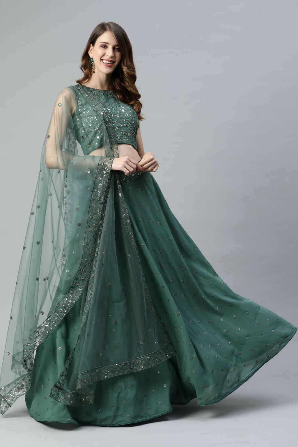 Pista Georgette Sequins Embroidery Work Lehenga Choli with Dupatta - Jivika