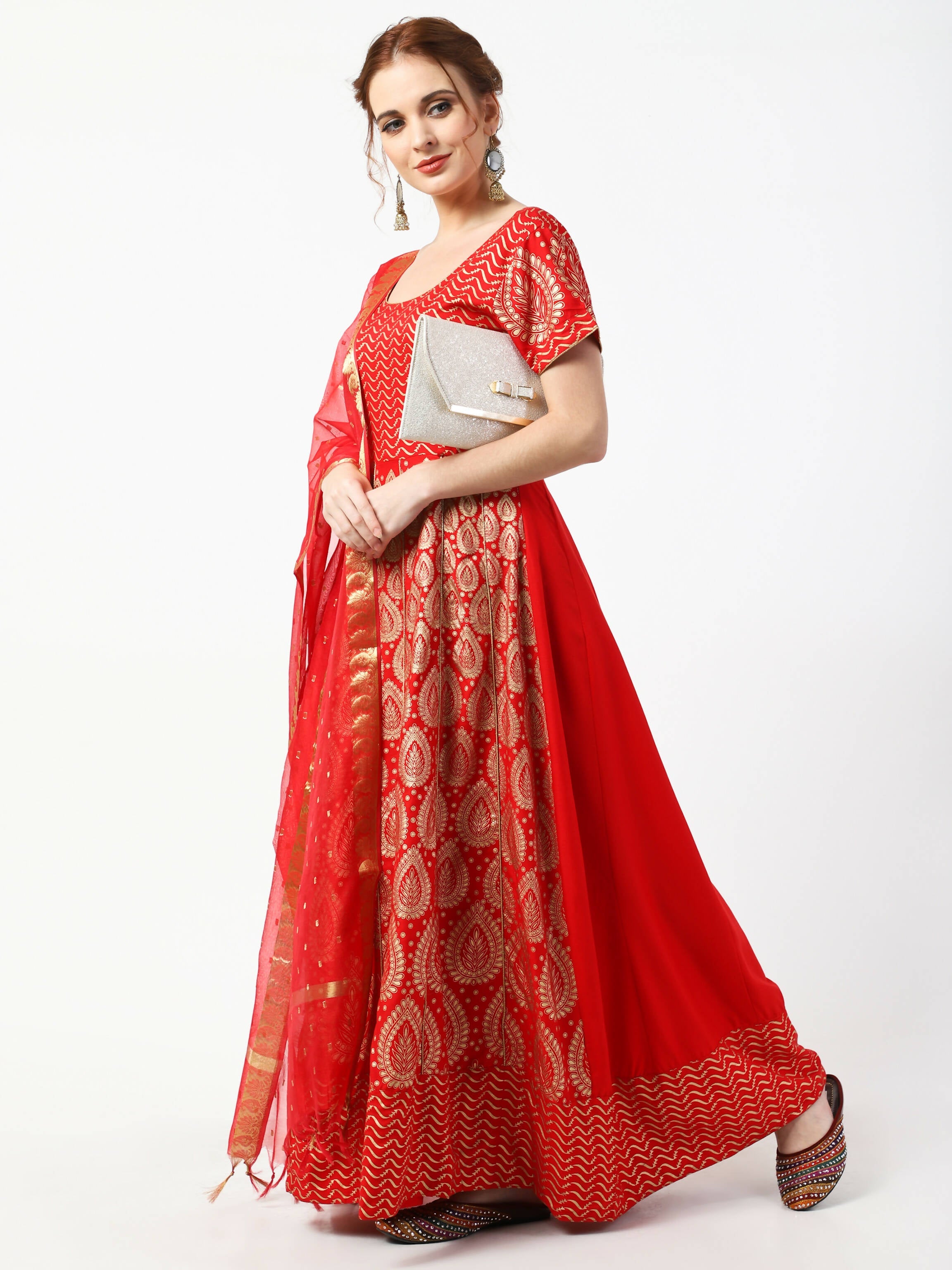 Cheera Women's Red Chanderi Silk & Rayon Hand Block Print Long Dress With Silk Dupatta Set