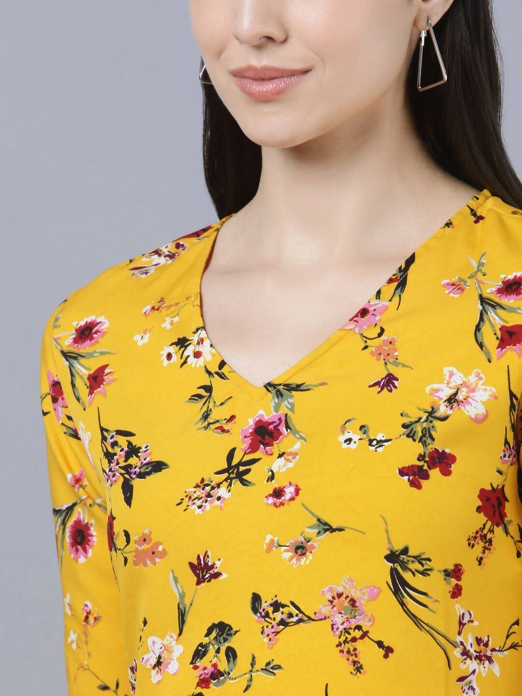 Myshka Women Yellow Floral Printed Flared Sleeves Thread Work Crepe Kurta - Distacart