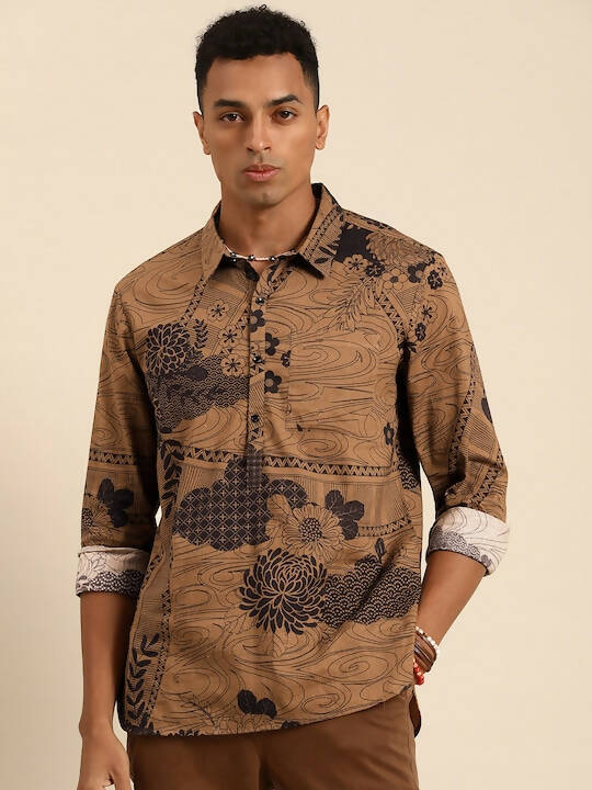 Brown Men Pure Cotton Relaxed Floral Opaque Printed Casual Shirt - Mahotsav
