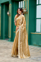 Vastranavya Beige Embroidery Work Shimmer Chiffon Saree with Unstitched Blouse - Distacart