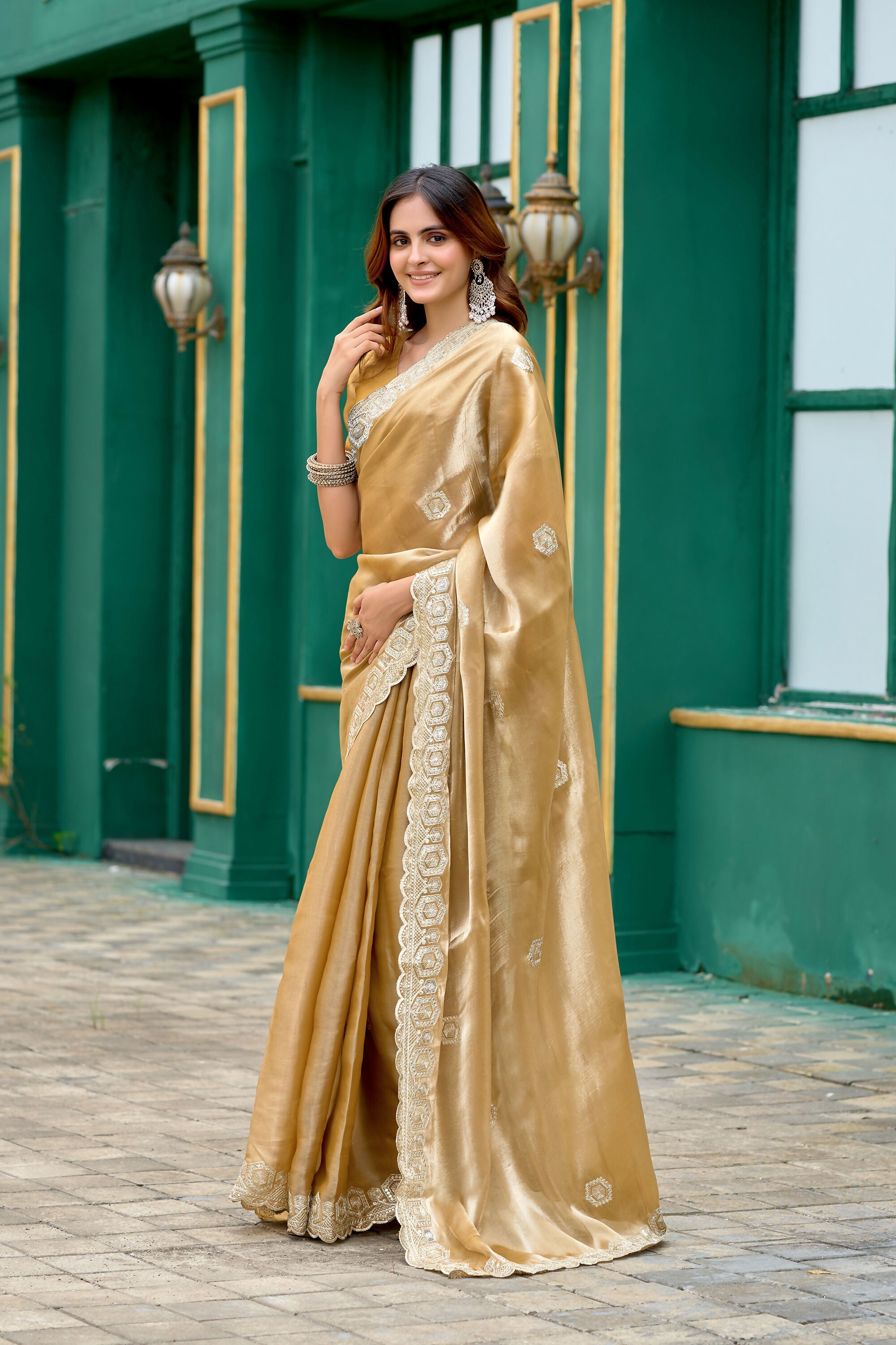 Vastranavya Beige Embroidery Work Shimmer Chiffon Saree with Unstitched Blouse - Distacart