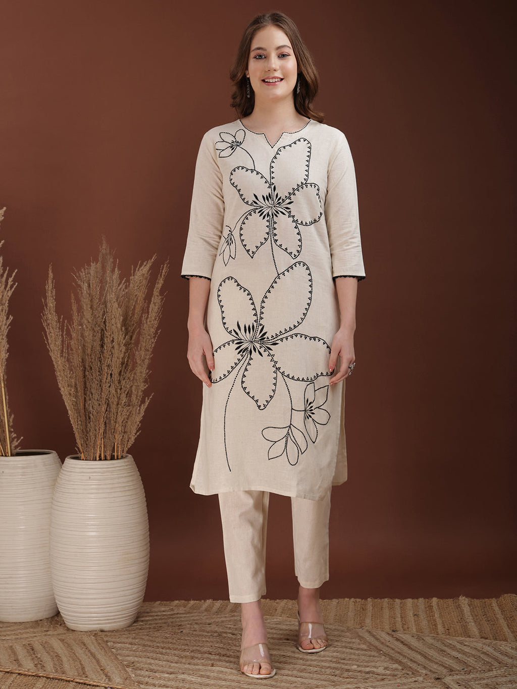 Floral Embroidered Co Ords, White - Hiral Fashion - Distacart