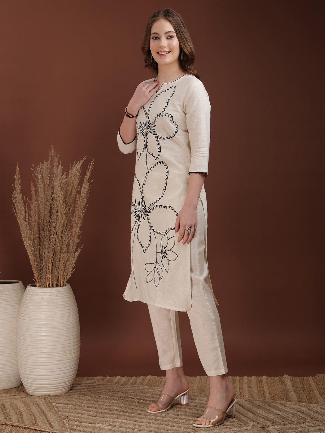 Floral Embroidered Co Ords, White - Hiral Fashion - Distacart