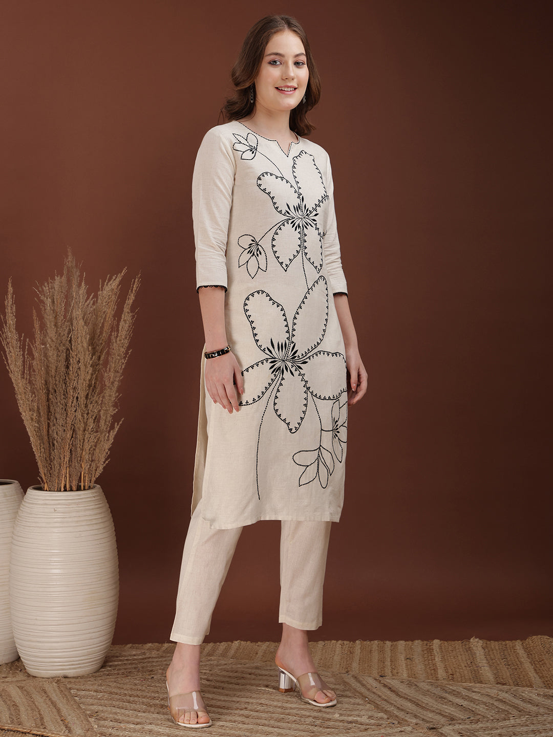 Floral Embroidered Co Ords, White - Hiral Fashion - Distacart