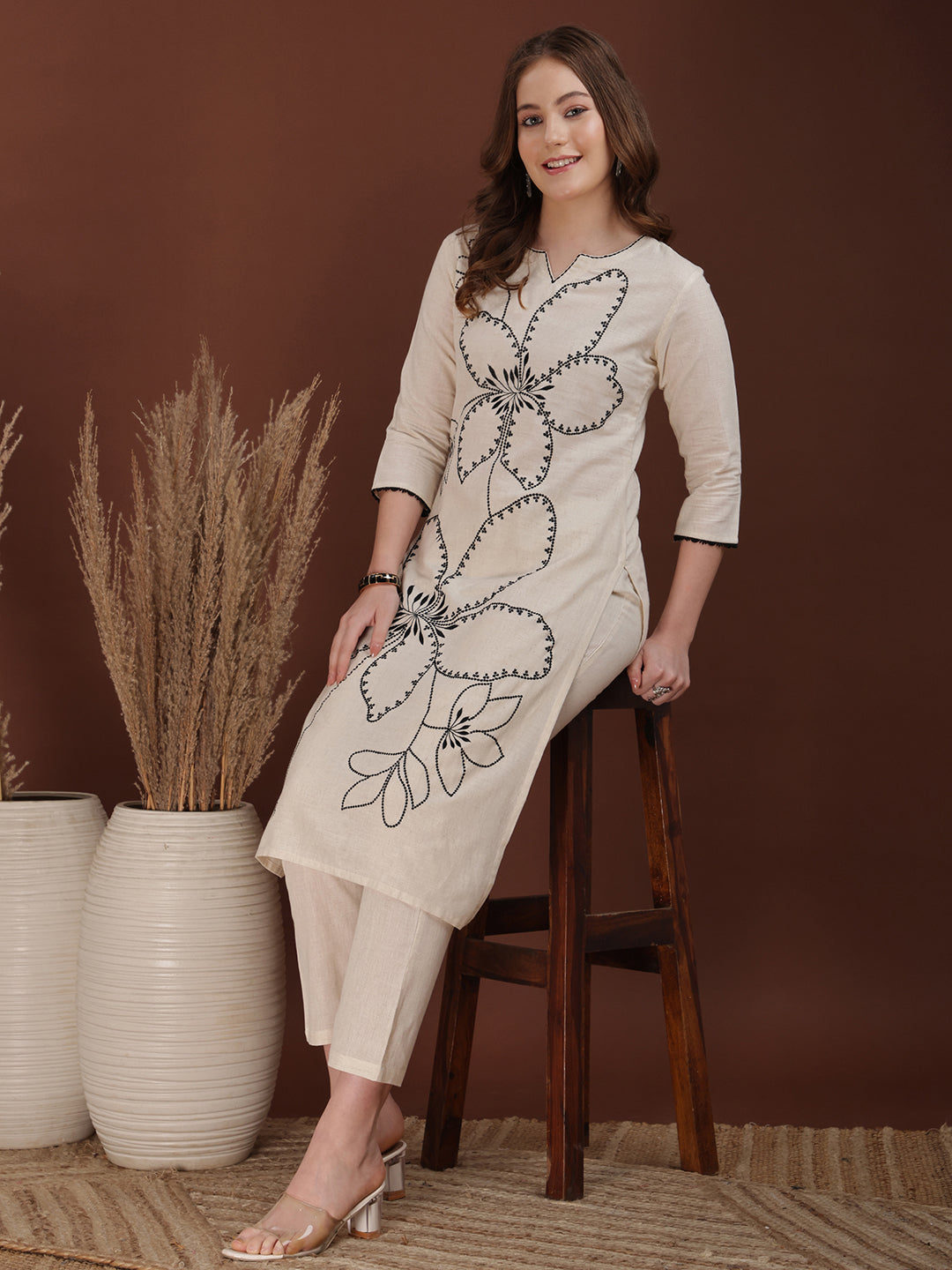 Floral Embroidered Co Ords, White - Hiral Fashion - Distacart
