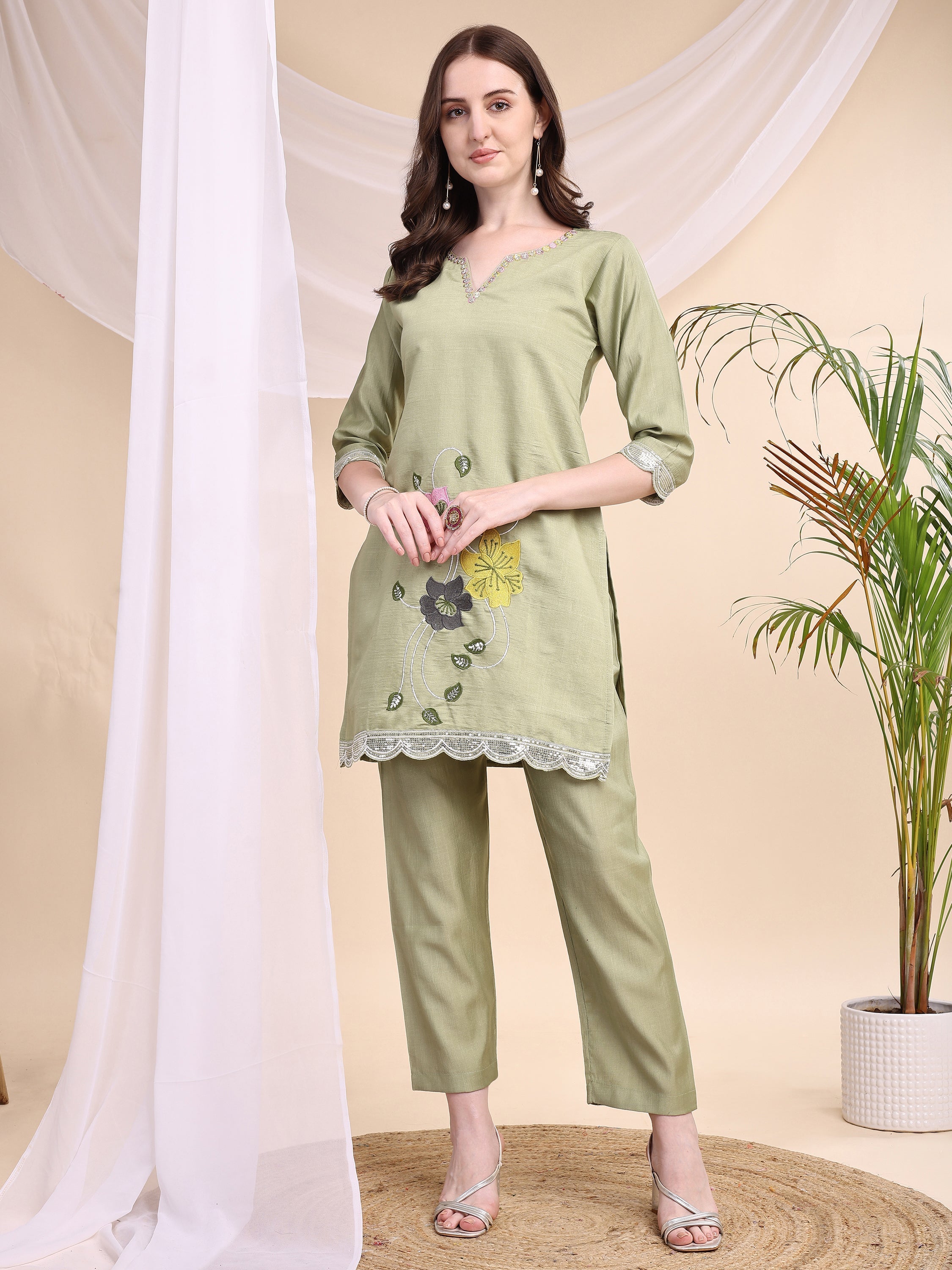 Floral Embroidered Co-Ords, Green - Hiral Fashion - Distacart