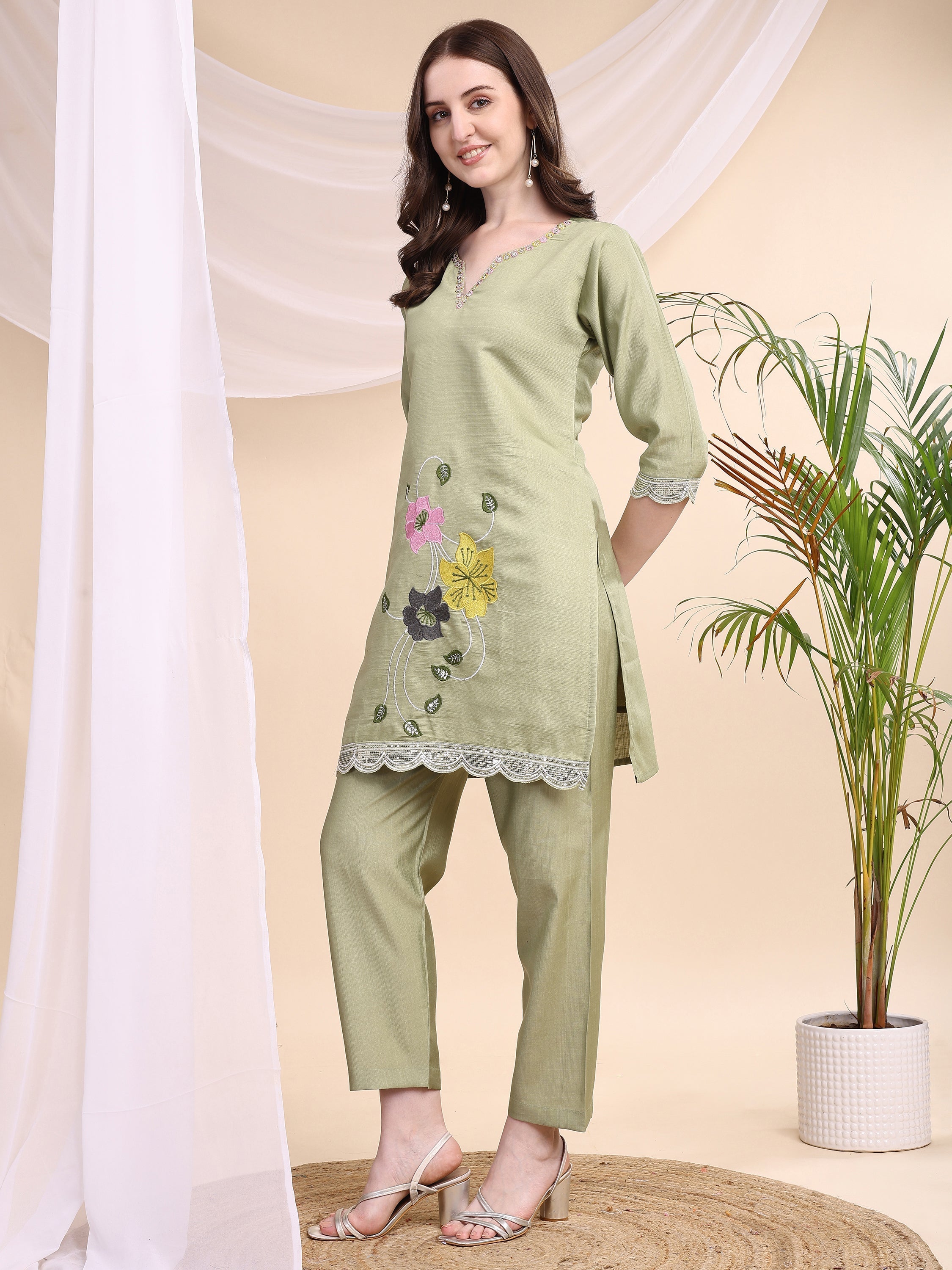 Floral Embroidered Co-Ords, Green - Hiral Fashion - Distacart